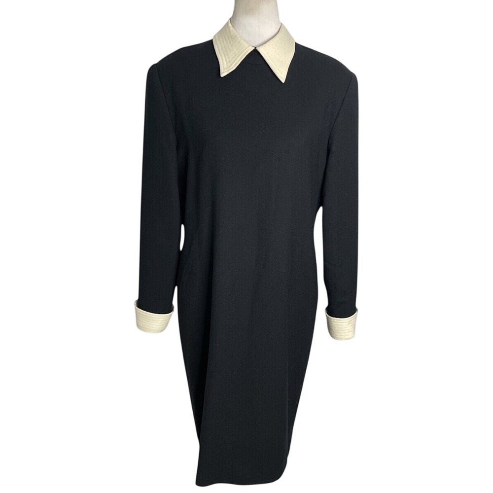 Vintage 90s Evan Picone Cream Collar Black Wool Wednesday Goth Mod Dress 14 USA